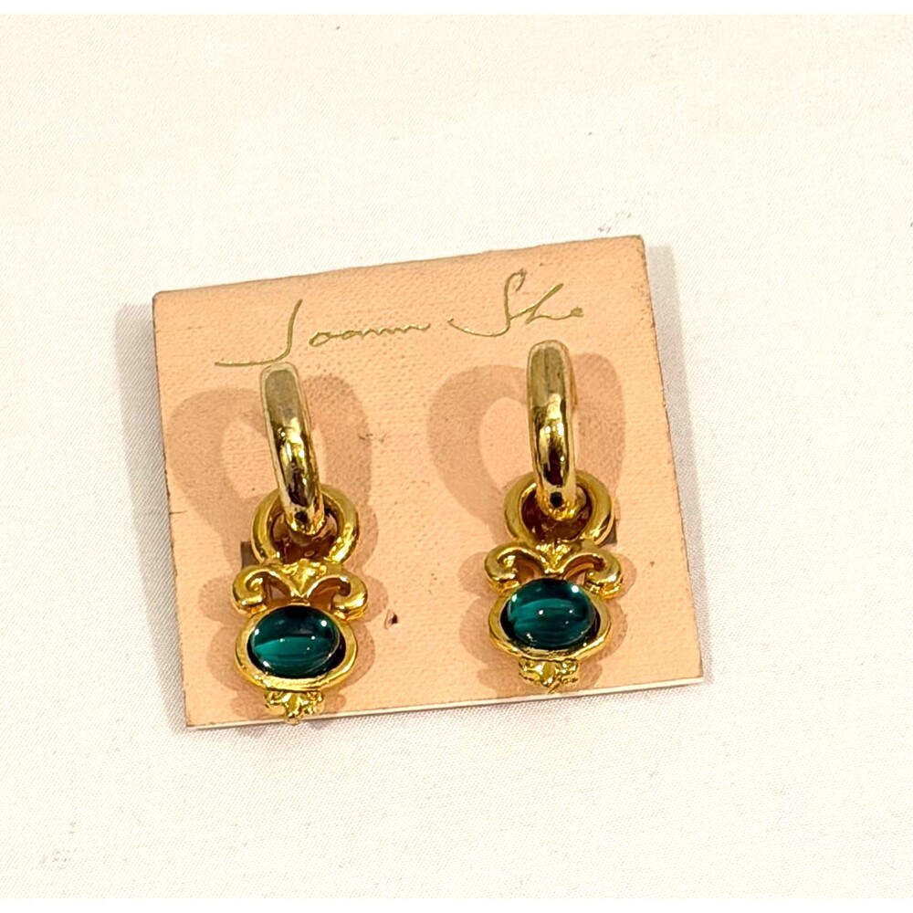 Joann She Vintage Gold Tone Green Cabochon Clip-On Earrings
